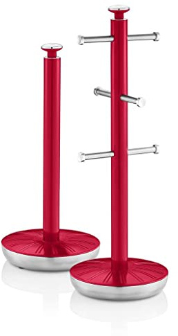 Swan SWKA1054RN Retro Kitchen Towel Pole and 6 Branch Mug Tree, Red