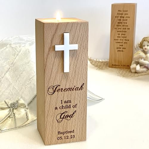 Personalised Baptism Candle Holder, Wood Candle Holder and Custom Name, Baptism Gift, Godson Christening Gift, Personalised Bible Verse, Baptized Date, Cross Candle Holder, God Bless, Numbers 6:24-26