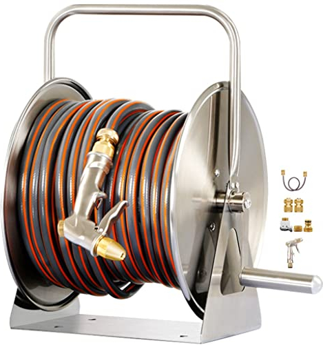 Carrete para Manguera Carro Portamanguera Juego De Carro De Carrete De Manguera De Servicio Pesado, Hosemobile Doméstico De Acero Inoxidable, Estante De Almacenamiento De Tuberías (Color : Silver, S