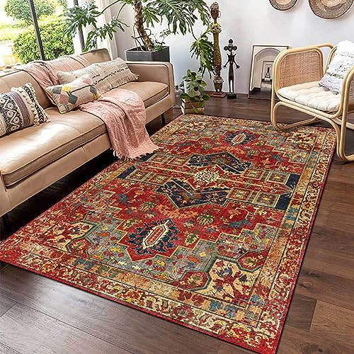 Rug-QJDDUP Kurzflor Teppich Großer Wohnzimmer,Red 200 x 300 cm, Designer Wohnzimmerteppich Teppiche für Schlafzimmer,Mehrfarbiges Rot-Gelb-Blau-Grün-Blumen-Vintage-Traditionelles