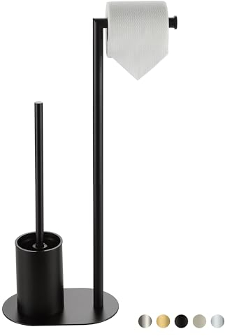 BVL Piantana Portarotolo e Scopino Nero, Scopino WC con Porta Carta Igienica in Acciaio Inox, Porta Carta Igienica da Terra Scopino Bagno WC