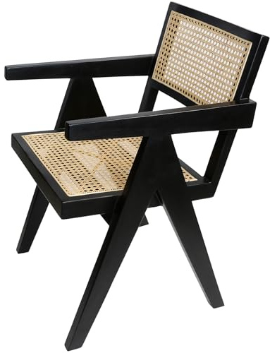 Teak Rattan fåtölj NICO svart med armstöd | Retrostol av massivt trä och rotting | Armstödsstol bred och stabil för trädgård terrass kök lounge matsal | AL2010