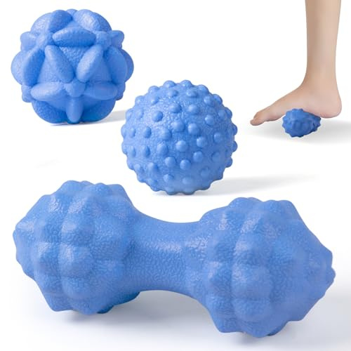 MEGAVOW 3 piezas Bolas de Masaje Muscular Set, Pelotas para Automasaje, Masaje Bola Pelotas en Forma Cacahuete, Bolas de Masaje de Liberación Miofascial para Cuello Espalda Hombro Brazo Pie, Azul