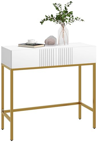 HOMCOM Mesa Consola Moderna Mesa de Entrada con 2 Cajones y Patas de Acero Dorada Antivuelco Mueble de Recibidor para Salón Pasillo 80x31,5x75 cm Blanco