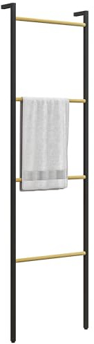 HOMCOM Toallero de 4 Niveles Toallero Escalera Apoyado en la Pared Toallero de Baño con 4 Barras de Bambú y Marco de Acero 49x5,5x167,5 cm Negro y Natural