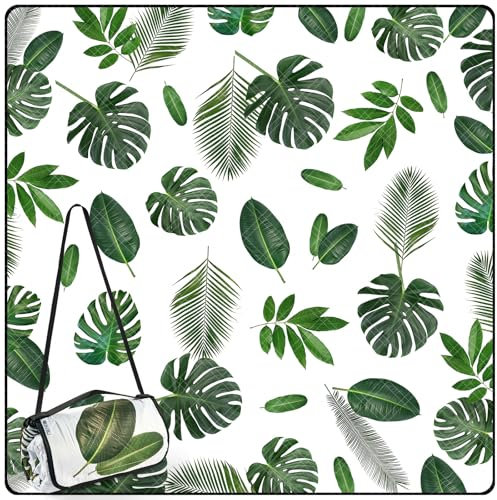 DEWUR Picknickdecke wasserdicht waschbar, Stranddecke Sandfrei XXL Campingdecke Strandmatte isoliert mit Alu wasserdichter Unterseite Grün-Blätter (200 x 200 cm)