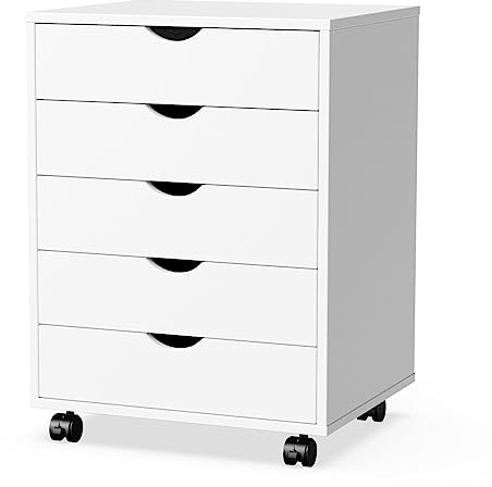 5 Drawer Chest, Storage Cabinet Dressers with Wheels, Dressers Storage Cabinets, Dresser Mobile Cabinet with Wheels, Room Organizer, Drawers Wood Organization Furniture for Office, Home, White