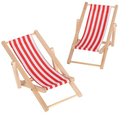 Ideen mit Herz | Miniatyrsolstol | Mini fällstol | vikbar dekorativ strandstol | dockhusmöbler | 2 stycken (röd-vit randig)