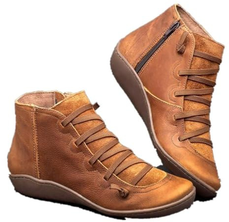 Bottines de cowboy pour femmes, bottes western plates à talons bas en cuir vintage, confortables et légères, avec fermeture éclair et soutien de la voûte plantaire, bottines tendance à lacets
