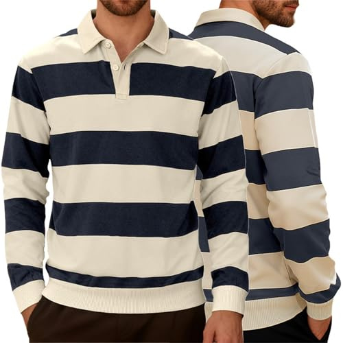 Generisch Polo à manches longues pour homme style rugby rayé – Pull en tricot rayé avec col | Haut classique pour un look sportif et élégant, Style_g03 bleu marine, XL
