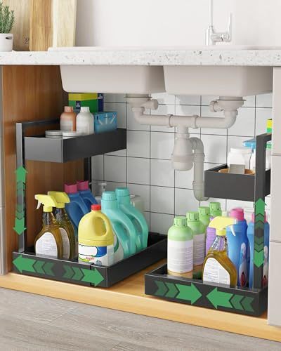 UMDONX Organizador de fregadero de cocina de 2 pisos,estante para debajo del lavabo,organizador de armario extensible,Juego (2 piezas)-Negro