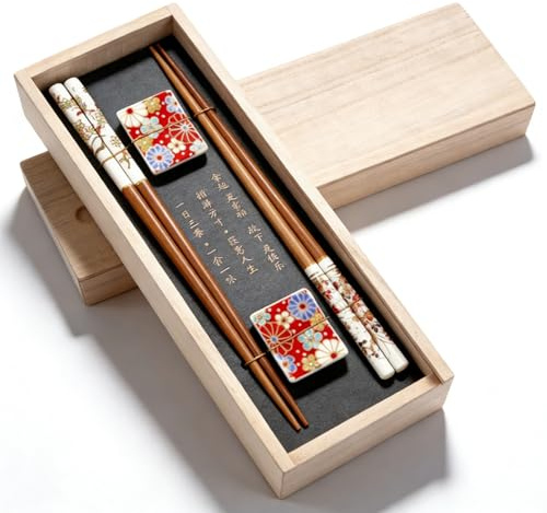 BAIFULAI Set di bacchette per sushi, 2 paia di bastoncini per sushi in legno con fiori di ciliegio inferiore, scatola di legno di alta qualità, sostenibile, cinese, coreano, taiwanese, regalo