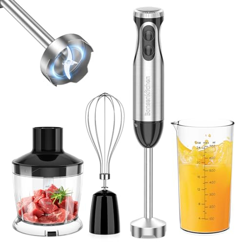 Bonsenkitchen Stainless Steel Hand Blender, 4-in-1 Stick Blender 1000W, 20 Speed Adjustable, with Whisk, 500ml Chopper and 700ml Measuring Cup, Food Processor (Black)