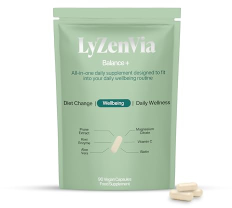 LyZenVia LyZenVia Balance+ Vegan Daily Supplement with Prune Extract, Kiwi Enzyme, Vitamin C, Magnesium Citrate, Aloe Vera & Biotin - Daily Formula for Metabolism, Energy, Skin & Hair - 90 Capsules