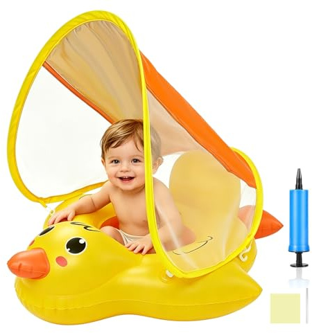 Qingning Galleggiante Neonato con Parasole Rimovibile, Anatra Salvagente Gonfiabile con Sedile di Sicurezza per Bambini, Galleggianti da Piscina Baby con Protezione Solare, Salvagente per Neonati