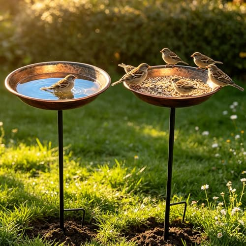 Lot de 2 abreuvoirs à oiseaux sur pied - Pour l'extérieur - En métal - Rond - Avec piquet - Décoration de jardin - Baignoire pour balcon