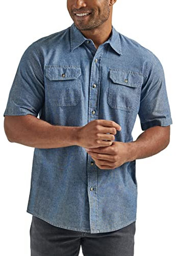Wrangler Authentics Herren Kurzärmeliges Klassisches Gewebtes Hemd Button-Down-Shirt, Chambray Dunkel, XL