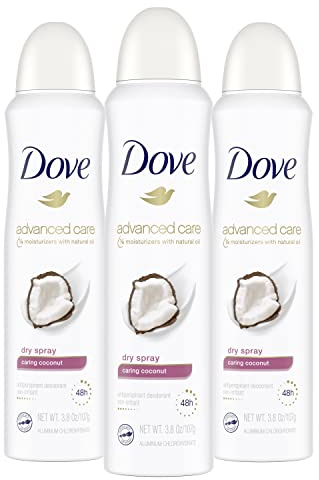 Dove Advanced Care Dry Spray Antiperspirant Deodorant Caring Coconut 3 Count For Women With 48 Hour Protection Soft And Comfortable Underarms 3.8 oz