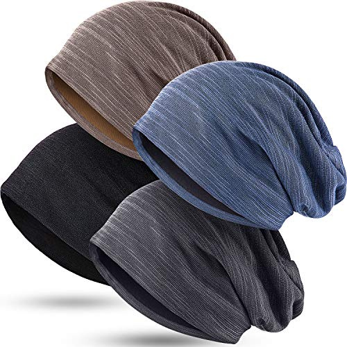 SATINIOR 4 Pieces Sleeping Cap Beanie Hat for Men Women Slouchy Beanie Baggy Skull Cap Summer Winter Knit Hat (Blue, Black, Gray, Khaki)