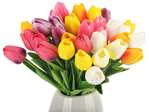 30 Tulipes Artificielles En Latex, Tulipe Réaliste Avec Des Feuilles Vertes, Décoration De Fausses Fleurs De Couleurs Mélangées Pour Les Bouquets De Mariage De Mariée, Maison, Hôtel, Fête, Bureau