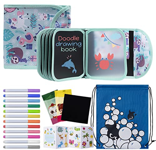 Erasable Drawing Pad, 8inch Plane Activities for Kids, Mint Color Animal Party Travel Toys Doodle Book for Kids 3 4 5 6 7 8 Year Old Boy Girl Birthday Gifts, 14 Pages for Magic Drawing with 12 Marker