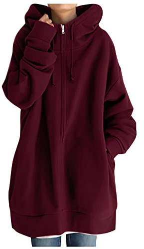 Giacca lunga da donna in pile, con cappuccio, taglie forti, con chiusura lampo, per il tempo libero, con imbottitura, per autunno e inverno, con cappuccio, Vino, 5XL