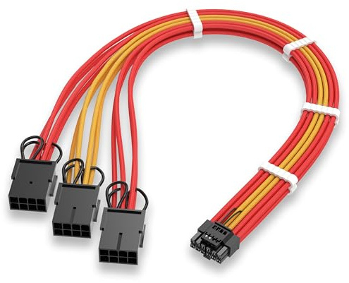 EZDIY-FAB GPU Power Sleeved Cable Extension, 16pin(12+4) PCIe 5.0 Connector Male to 3X PCIE 8 PIN for RTX4070Ti Super, 4080 Super, 4090, with Pre-Installed Cable Combs-16AWG/Red Yellow