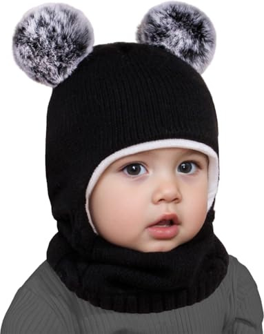 Uposao Varm mössa för barn scarf baby öronlapp mössor huva pom småbarn hatt vindtät balaklava för 0-5 år flickor pojkar småbarn utomhusaktiviteter, Svart