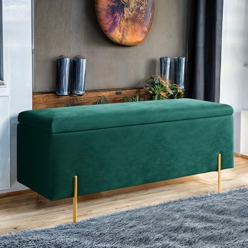 Harveys Living Plain Ottoman Storage Box - Engineered Wood Luxurious Plush Velvet Ottoman Storage Bench (Green, Legs)