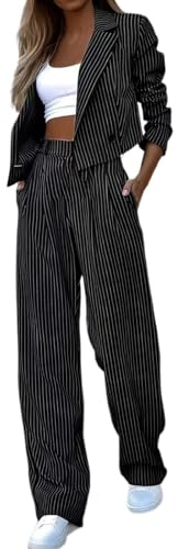 Womens Pinstripe Oversized Blazer Lapel Business Office Casual Striped Print Jack Coat Long Sleeve Suit Jacket Straight Trousers Trouser Slim Fit