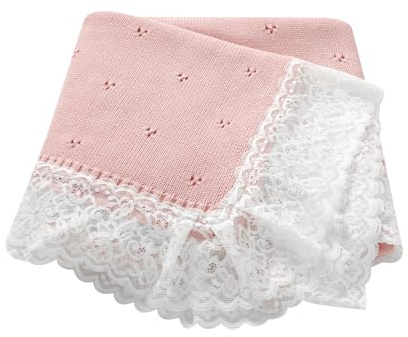 Hadetoto Coperta per neonati in morbido cotone lavorato a maglia con pizzo all'uncinetto, coperte cellulari essenziali per neonati, bambine e bambini, 82 x 102 cm (Rosa)