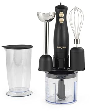 Salter Alchemy Hand Blender Set – 3 in 1 Food Chopper, Whisk & Immersion Stick Blending Rod, 2 Speed Settings, 500ml Chopping Bowl, 700ml Storage Beaker, Stainless Steel Blades, 350W, Black/Gold