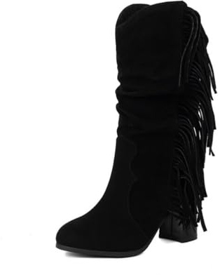 Stivali da Donna Boho con Frange a Punta Tonda a metà Polpaccio Tacchi a Blocco Medi Pull On Scarpe da Festa Casual quotidiane alla Moda,Nero,40 EU