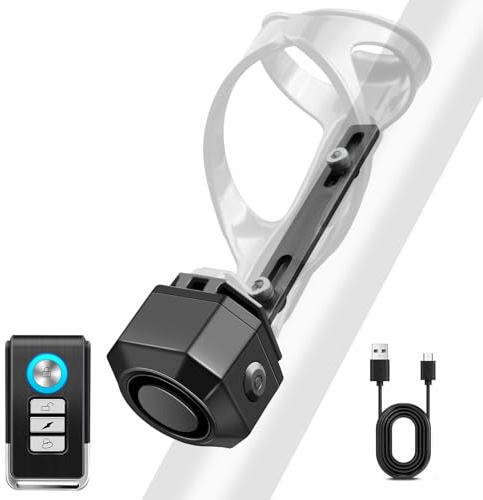 Cruxer Bike Alarm with L-Shaped Bracket for Water Bottle Cage Mount, USB Rechargeable Wireless Anti-Theft Vibration Alarm, 110db Volume and Sensitivity Adjustable Sensor Burglar System with Remote