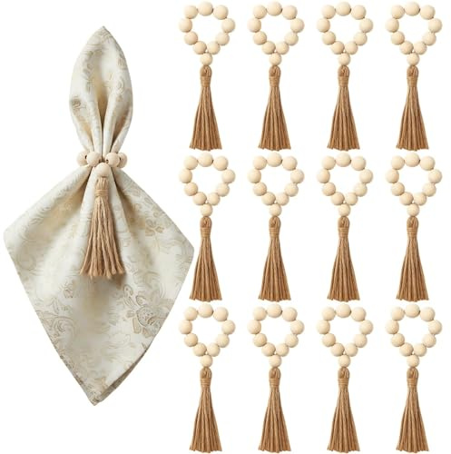 Serviettenringe Holz, 12 Stück mit Holzkugeln und Quasten, Ideal für für Hochzeitstischdekoration, Tischstyling, Familienfeiern, Geburtstagspartys und Festliche Anlässe