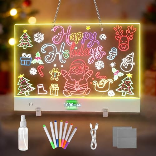 Tablette Lumineuse Dessin Enfant Acrylique 25X35CM Tableau Lumineux Message LED avec batterie de 1000 mAh, 8 Couleurs, 3 Modes et 7 Couleurs Stylos, Magic Board Pour Mémorandum, Panneau D'affichage