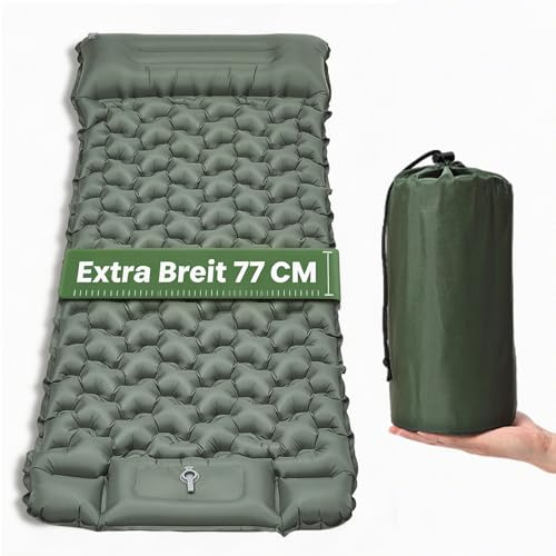 Matelas Gonflable 1 Place XXL – Matelas Camping Ultra Léger 197x80x10 cm, TPU 40D résistant à l’Eau, Pompe à Pied, Oreiller et Housse intégrés – Idéal randonnée, Tente, Plage, Voyage（Vert Armée）