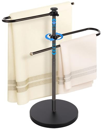 Freestanding Hand Towel Holder for Bathroom Countertop, Adjustable Towel Rail Stand with 360° Rotating & Extendable Arms, Jewellery Organiser Rack, 304 Stainless Steel Vanity Towel Holder, Black