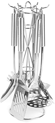 Russell Hobbs RH00123EU 6-Piece Kitchen Utensil Set – Stainless Steel Kitchen Tools with Holder, Includes Soup Ladle, Spaghetti Spoon, Slotted Spoon, Solid Spoon, Slotted Spatula and Potato Masher