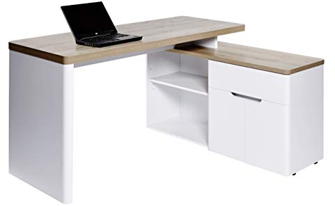 Jahnke CU-LIBRE 150 E – Eckschreibtisch mit 1 Schublade und 2 Türen, 140 x 117 x 77 cm, Riviera Eiche/Mattweiß