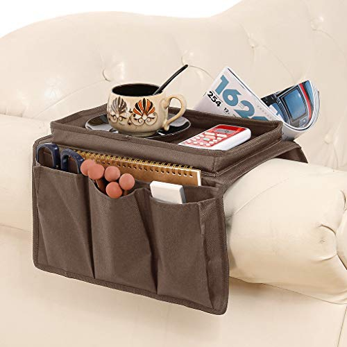 TINAYAUE Sofa Armrest Hanging Organiser, Couch Caddy Pocket Storage Bag, TV Remote Control Phone Pouch Holder, Armchair Cup Mug Tray, Space Saving Tidy Holder, 6 Pockets & Foldable