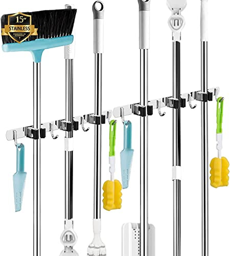 3 Holders+4 Hooks 2Pack Broom Holder Wall Mounted StainlessSteel Mop Holder | brush holders for wall: nail fitting kit and strong adhesive backing; long handles stay tidy.