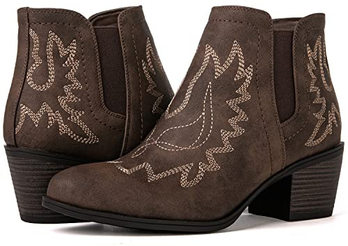 GLOBALWIN Cowboy Boots For Women Western Style Comfortable Pull On Short Brown Ankle Cowgirl Boots Low Heel Size 8.5M