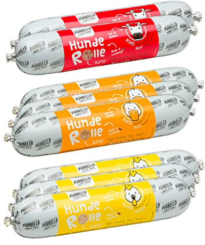 PURBELLO Hunde-Rolle Nassfutter Mix-Paket II - 3 x Huhn, 3 x Ente, 2 x Rind - Monoprotein Hundefutter mit hohem Fleischanteil - Hundewurst schnittfest und getreidefrei (8 x 400g)