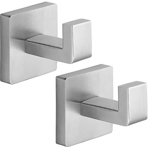Fenas Heavy Duty Stainless Steel Towel Hooks, Wall Mounted Square Robe Hooks for Bathroom, Kitchen, Bedroom, Hotel Brushed Nickel 2 Pack