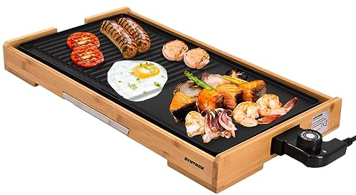 Syntrox Germany Elektrogrill Plancha Splendira, Tischgrill, 2200 Watt, Kontaktgrill, Grillplatte, Campinggrill, Antihaftbeschichtete Grillplatten, inklusive Thermostat, Schwarz-Bambus