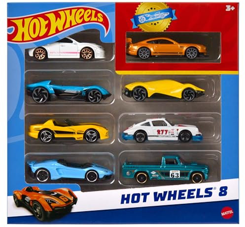 Hot Wheels Set mit 8 Basic-Spielzeugautos und Trucks im Maßstab 1:64, inklusive 1 exklusivem Fahrzeug (Verschiedene Modelle, zufälliges Set), HPV78