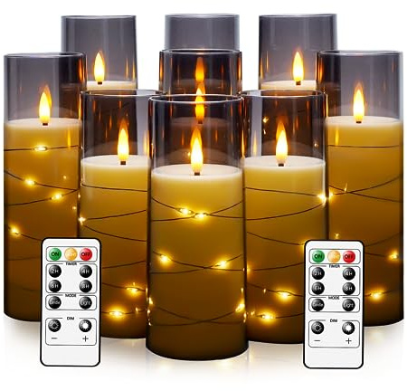 kakoya Flameless LED Candles with Timer 9 Pc Flickering Flameless Candles for Romantic Ambiance and Home Decoration Stable Acrylic Shell,with Embedded Star String，Battery Operated Candles（Grey）