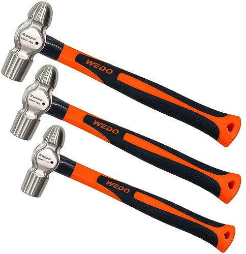 WEDO Juego de 3 martillos de bola de acero inoxidable con mango de fibra de vidrio, forjado a presión, resistente a los golpes, resistente a la corrosión