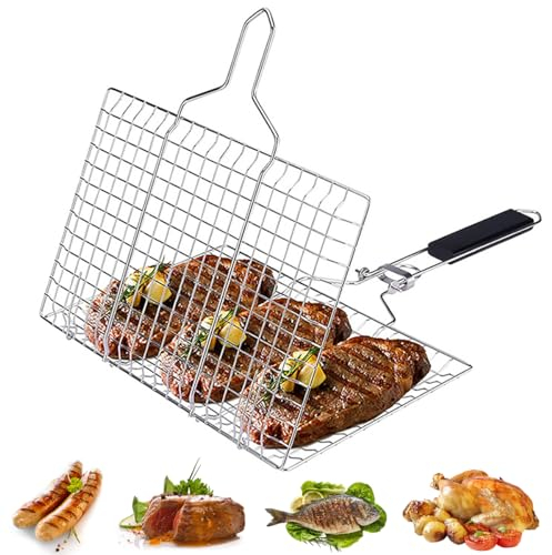 Grillkorb Fischbräter, Fisch-Grillkorb, Faltbar Grill Fischhalter aus Edelstahl, Tragbar BBQ Grillgitter mit abnehmbarem Griff, Grillwerkzeug für Fischgemüse, Garnelen, Steak, Garnelenkoteletts, L